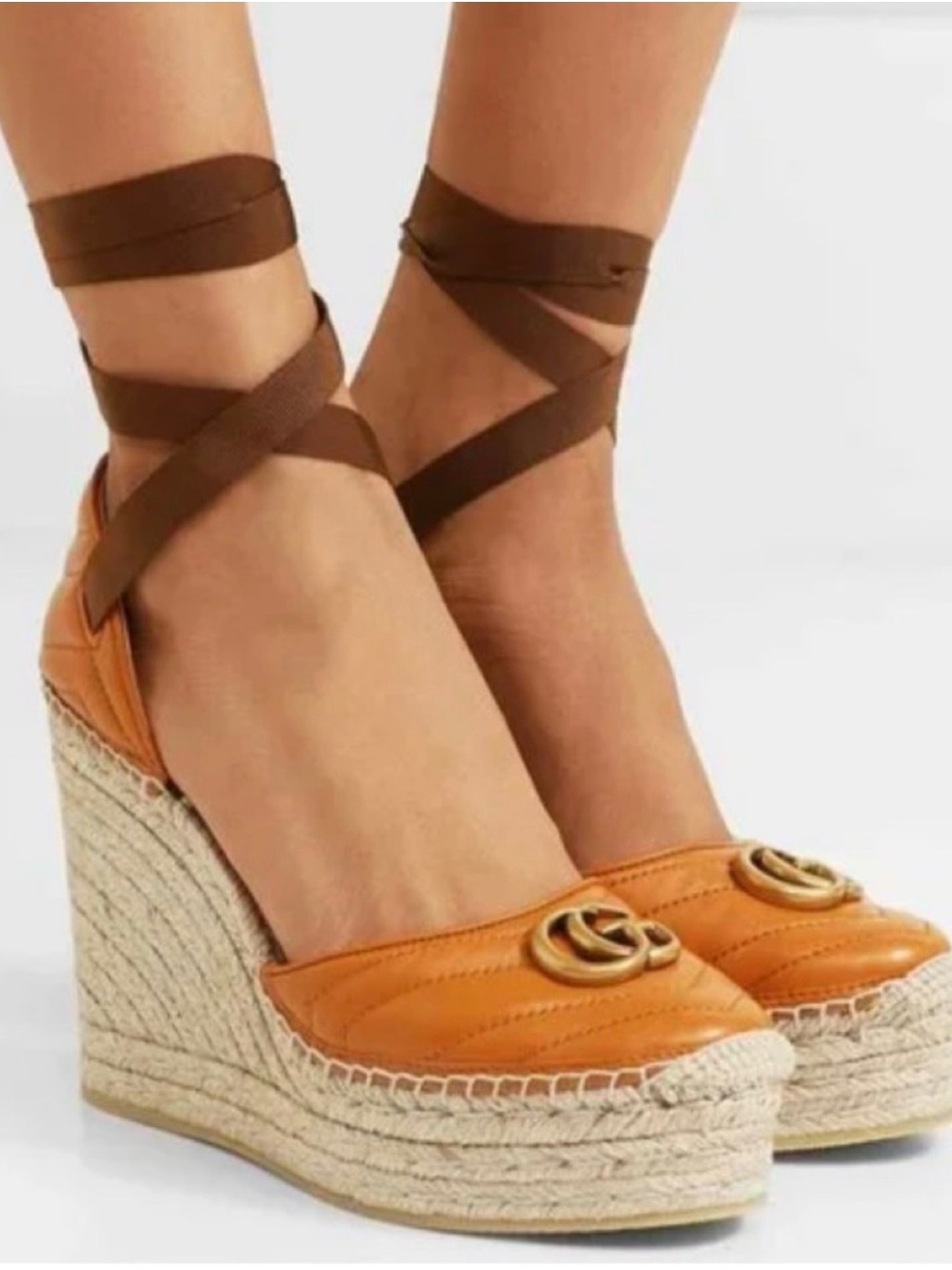 Gucci Espadrille Wedge Ankle-Tie Pumps in Tan